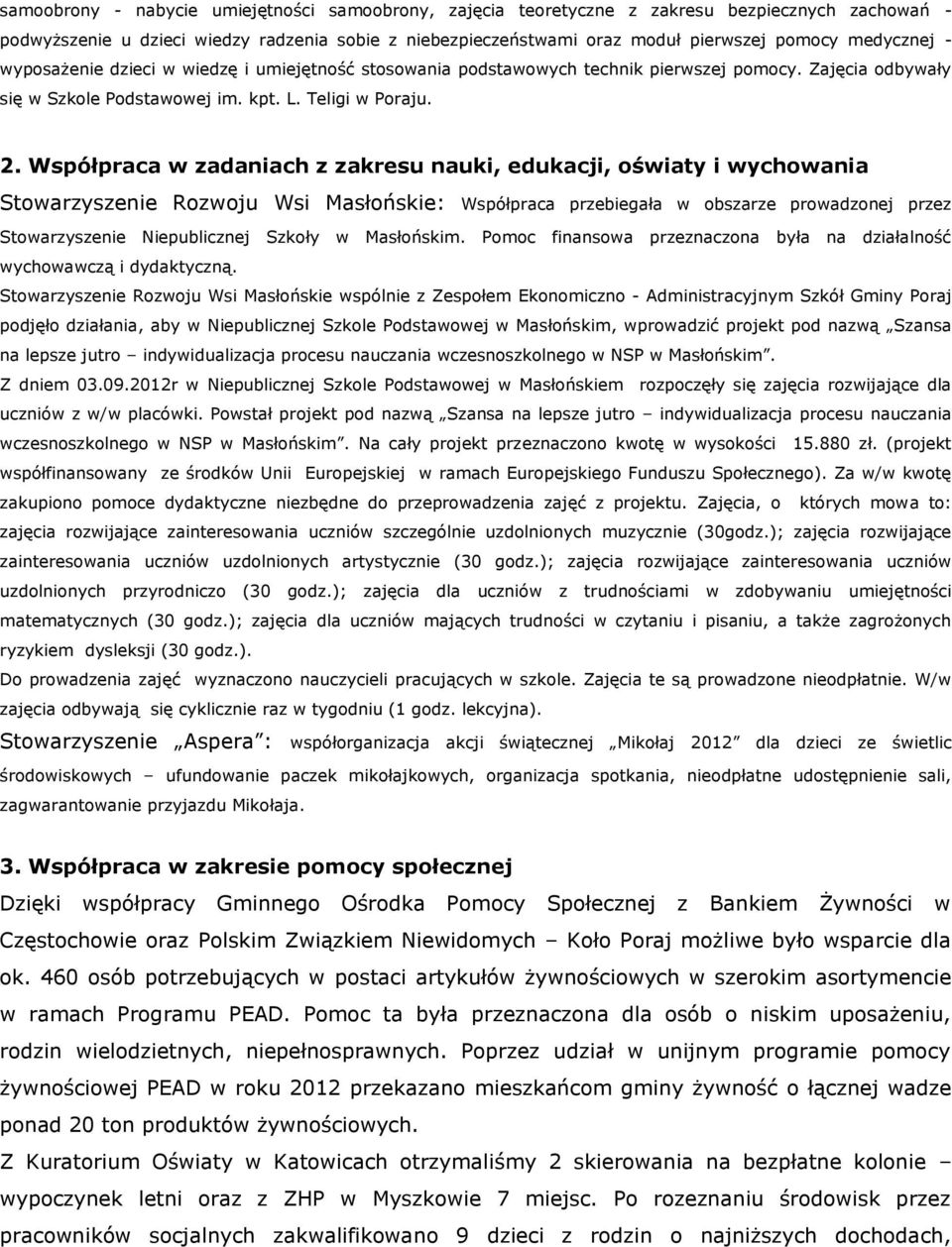 Współpraca w zadaniach z zakresu nauki, edukacji, oświaty i wychowania Stowarzyszenie Rozwoju Wsi Masłońskie: Współpraca przebiegała w obszarze prowadzonej przez Stowarzyszenie Niepublicznej Szkoły w