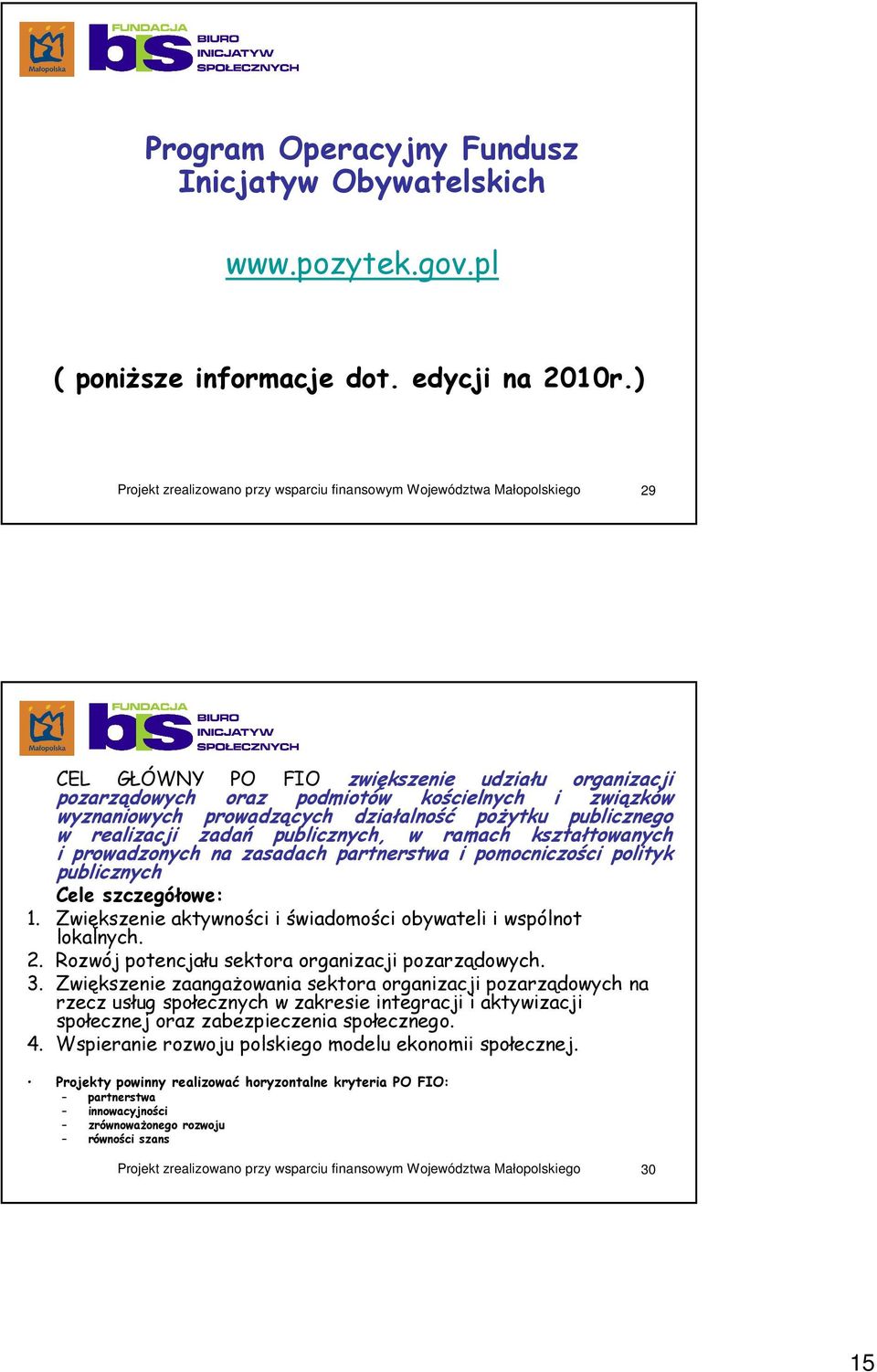 ramach kształtowanych i prowadzonych na zasadach partnerstwa i pomocniczości polityk publicznych Cele szczegółowe: 1. Zwiększenie aktywności i świadomości obywateli i wspólnot lokalnych. 2.