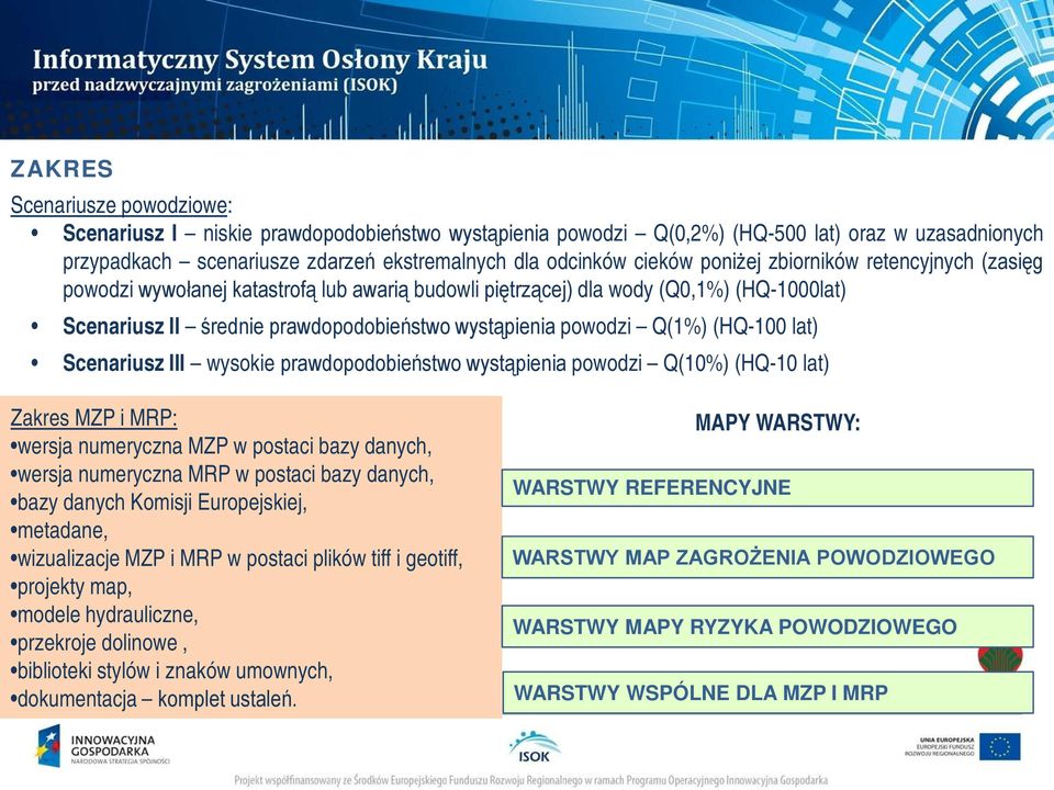 (HQ-100 lat) Scenariusz III wysokie prawdopodobieństwo wystąpienia powodzi Q(10%) (HQ-10 lat) Zakres MZP i MRP: wersja numeryczna MZP w postaci bazy danych, wersja numeryczna MRP w postaci bazy