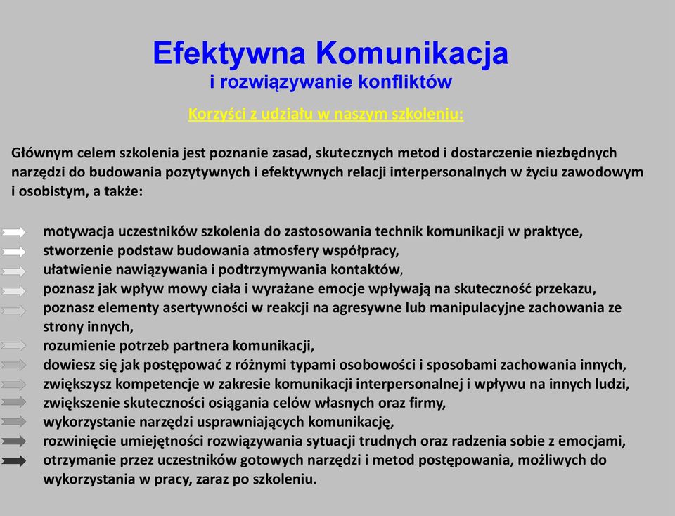 budowania atmosfery współpracy, ułatwienie nawiązywania i podtrzymywania kontaktów, poznasz jak wpływ mowy ciała i wyrażane emocje wpływają na skuteczność przekazu, poznasz elementy asertywności w