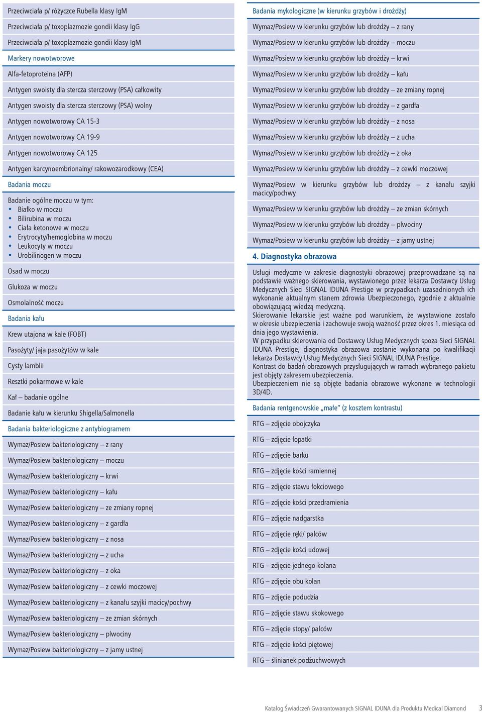 rakowozarodkowy (CEA) Badania moczu Badanie ogólne moczu w tym: Białko w moczu Bilirubina w moczu Ciała ketonowe w moczu Erytrocyty/hemoglobina w moczu Leukocyty w moczu Urobilinogen w moczu Osad w