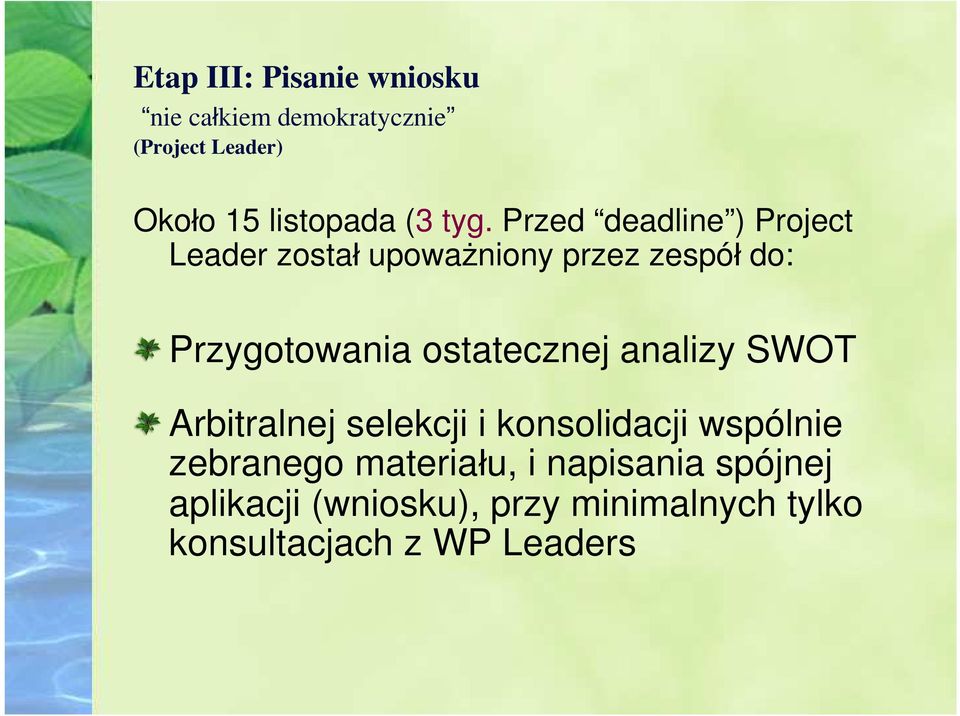 Przed deadline ) Project Leader został upoważniony przez zespół do: Przygotowania