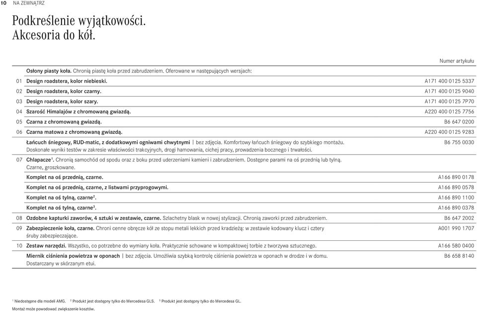 A171 400 0125 7P70 04 Szarość Himalajów z chromowaną gwiazdą. A220 400 0125 7756 05 Czarna z chromowaną gwiazdą. B6 647 0200 06 Czarna matowa z chromowaną gwiazdą.