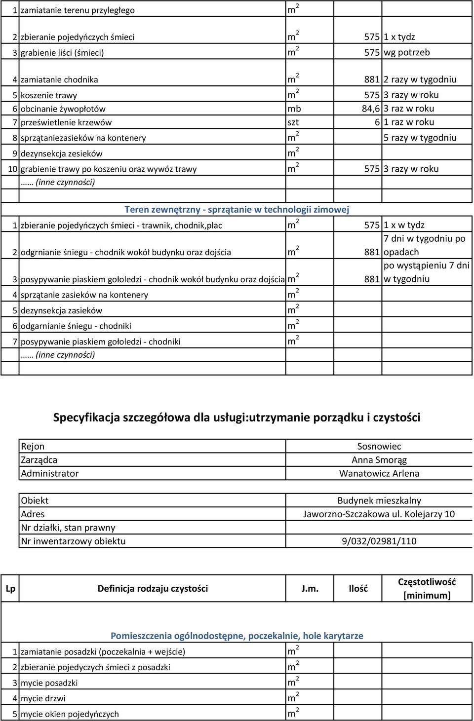 roku 1 zbieranie pojedyńczych śmieci - trawnik, chodnik,plac m 2 575 1 x w tydz 2 odgrnianie śniegu - chodnik wokół budynku oraz dojścia m 2 7 dni w tygodniu po 881 opadach po wystąpieniu 7 dni 3