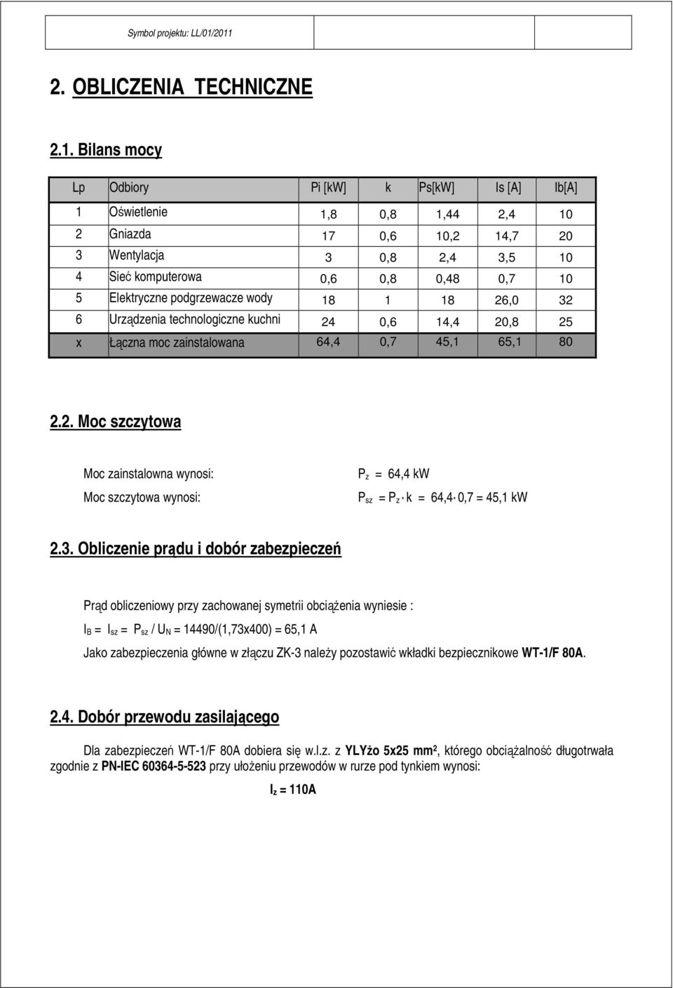 0,8 0,48 0,7 10 5 Elektryczne podgrzewacze wody 18 1 18 26,0 2 6 Urządzenia technologiczne kuchni 24 0,6 14,4 20,8 25 x Łączna moc zainstalowana 64,4 0,7 45,1 65,1 80 2.2. Moc szczytowa Moc zainstalowna wynosi: Moc szczytowa wynosi: P z = 64,4 kw P sz = P z * k = 64,4 * 0,7 = 45,1 kw 2.