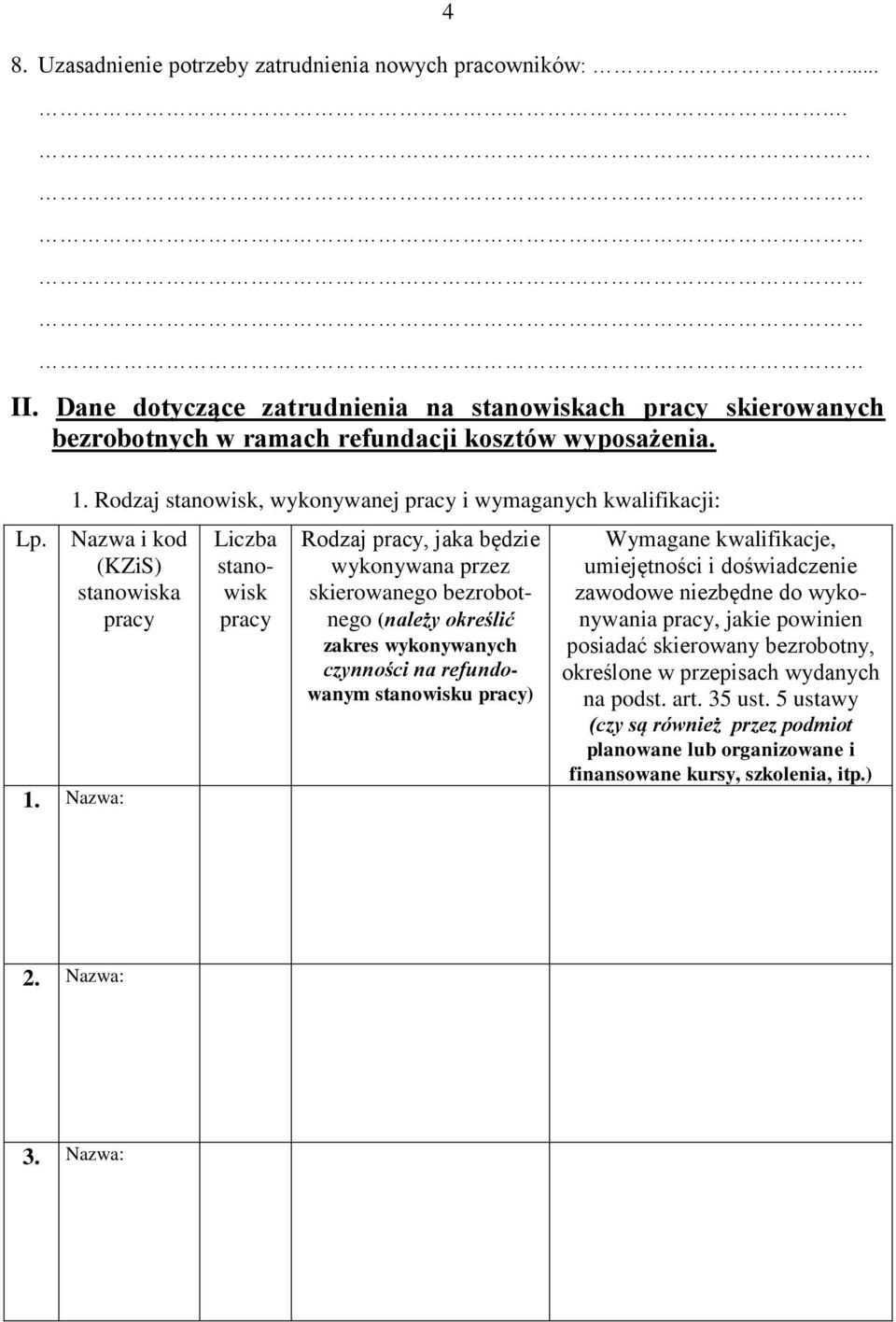 Nazwa: Liczba stanowisk pracy Rodzaj pracy, jaka będzie wykonywana przez skierowanego bezrobotnego (należy określić zakres wykonywanych czynności na refundowanym stanowisku pracy) Wymagane