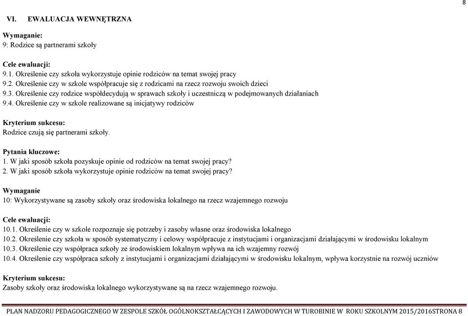 Określenie czy w szkole realizowane są inicjatywy rodziców Kryterium sukcesu: Rodzice czują się partnerami szkoły. Pytania kluczowe: 1.