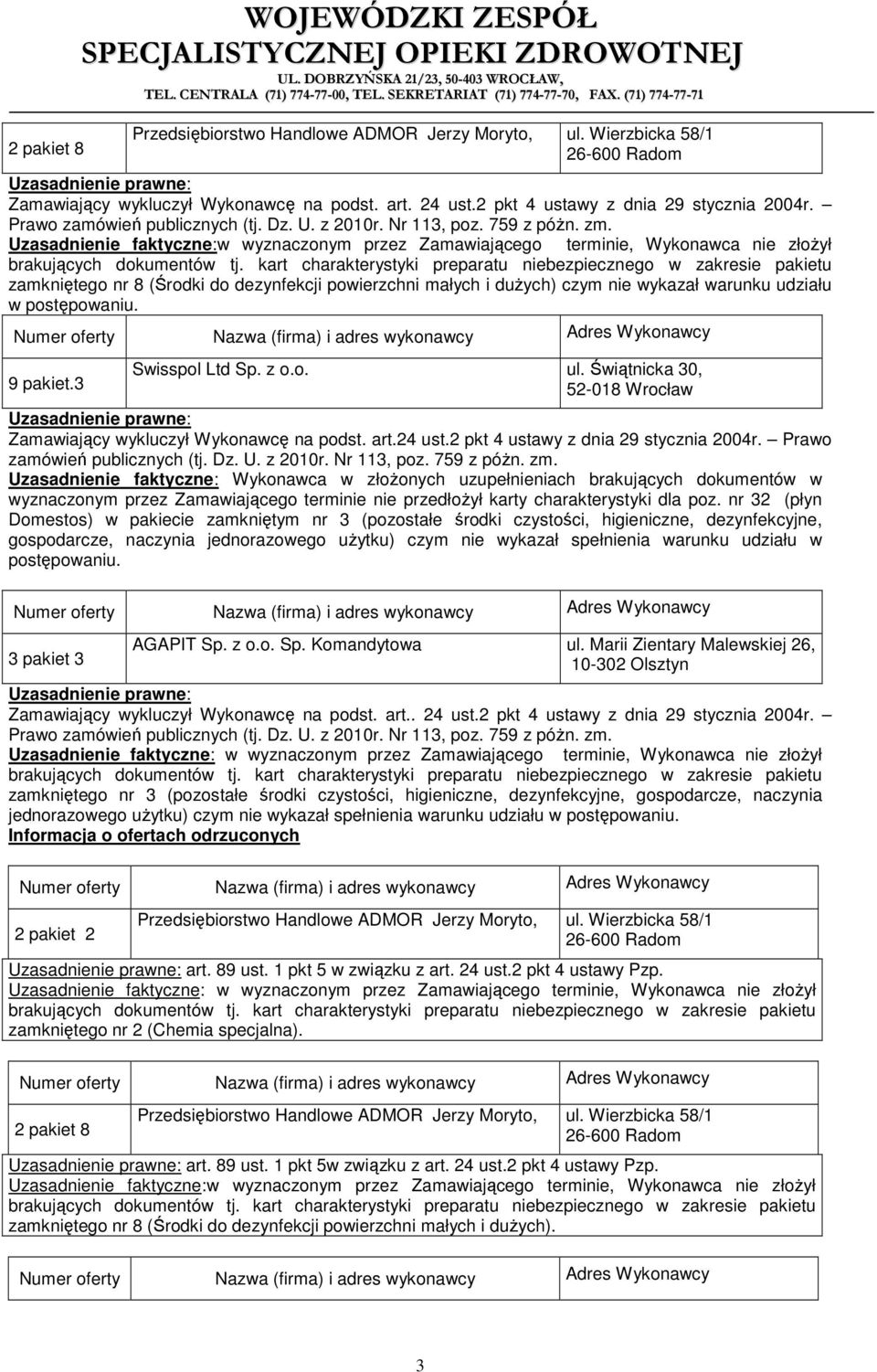 postępowaniu. 9 pakiet.3 Swisspol Ltd Sp. z o.o. ul. Świątnicka 30, 52-018 Wrocław Zamawiający wykluczył Wykonawcę na podst. art.24 ust.2 pkt 4 ustawy z dnia 29 stycznia 2004r.