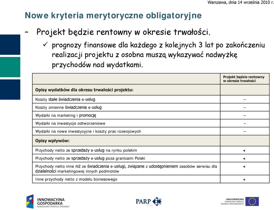 Opisy wydatków dla okresu trwałości projektu: Projekt będzie rentowny w okresie trwałości Koszty stałe świadczenia e-usług Koszty zmienne świadczenia e-usług Wydatki na marketing i promocję Wydatki