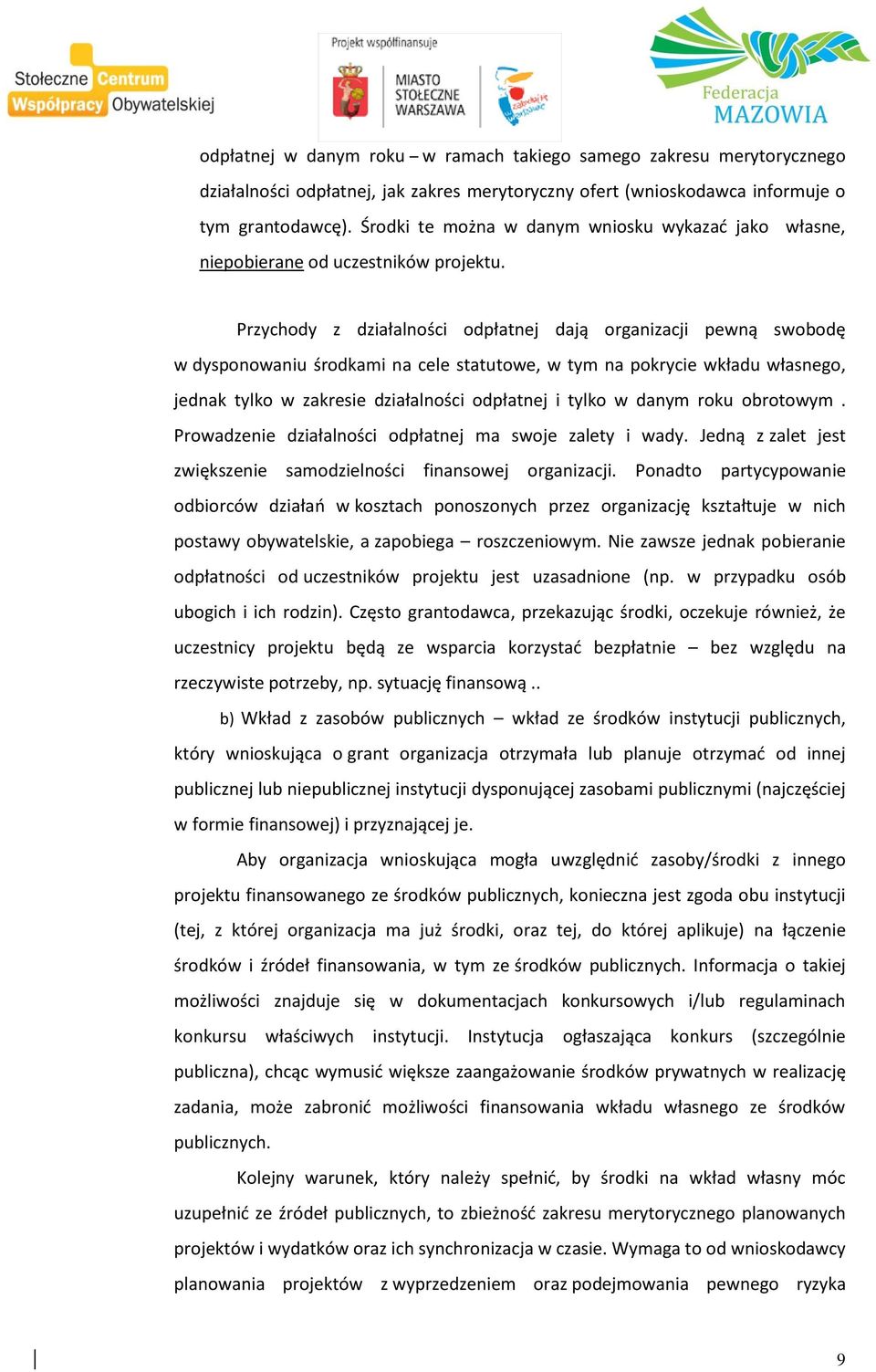 Przychody z działalnos ci odpłatnej dają organizacji pewną swobodę w dysponowaniu s rodkami na cele statutowe, w tym na pokrycie wkładu własnego, jednak tylko w zakresie działalnos ci odpłatnej i