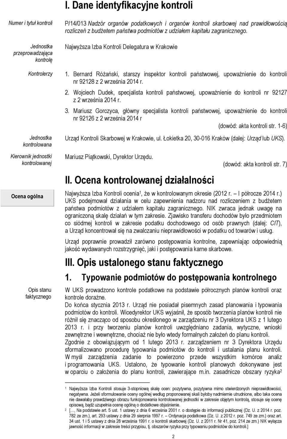 Bernard Różański, starszy inspektor kontroli państwowej, upoważnienie do kontroli nr 92128 z 2 września 2014 r. 2. Wojciech Dudek, specjalista kontroli państwowej, upoważnienie do kontroli nr 92127 z 2 września 2014 r.