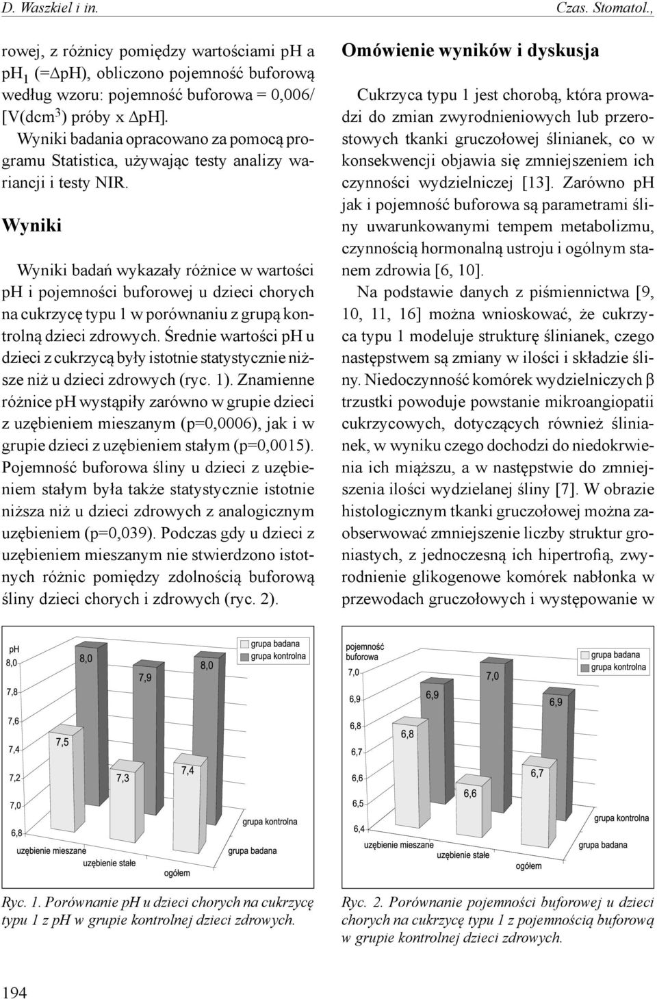 Wyniki Wyniki badań wykazały różnice w wartości ph i pojemności buforowej u dzieci chorych na cukrzycę typu 1 w porównaniu z grupą kontrolną dzieci zdrowych.