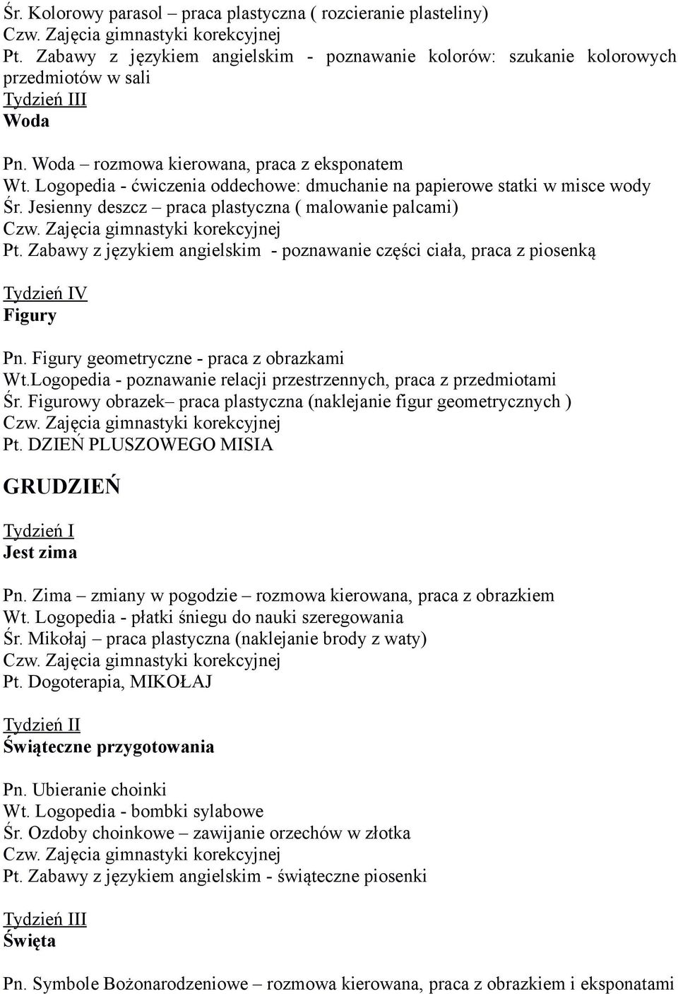 Zabawy z językiem angielskim - poznawanie części ciała, praca z piosenką Figury Pn. Figury geometryczne - praca z obrazkami Wt.Logopedia - poznawanie relacji przestrzennych, praca z przedmiotami Śr.