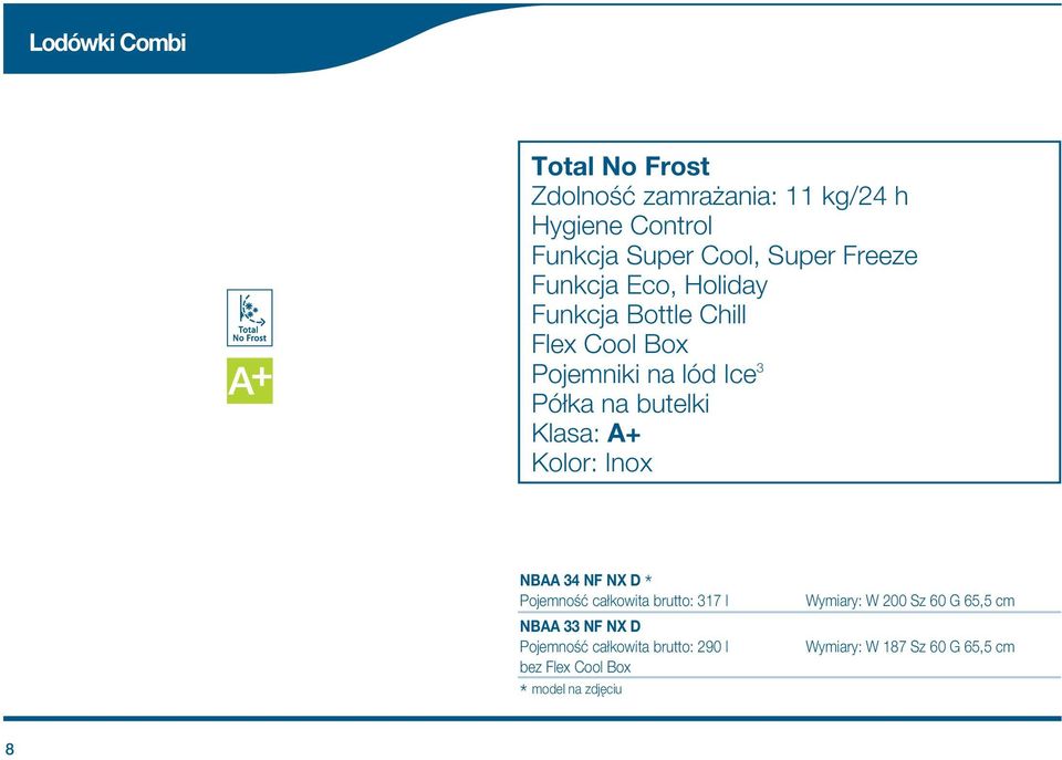 Klasa: + Kolor: Inox NB 34 NF NX D * Pojemnoœæ ca kowita brutto: 317 l NB 33 NF NX D Pojemnoœæ ca kowita