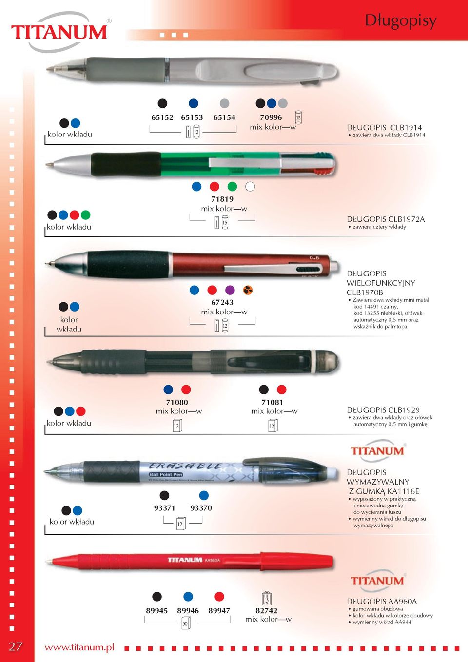 CLB1929 zawiera dwa wkłady oraz ołówek automatyczny 0,5 mm i gumkę 93371 93370 DŁUGOPIS WYMAZYWALNY Z GUMKĄ KA1116E wyposażony w praktyczną i niezawodną