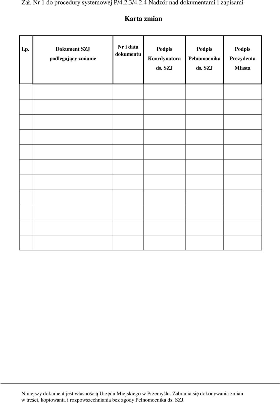 Dokument SZJ podlegający zmianie Nr i data dokumentu Podpis