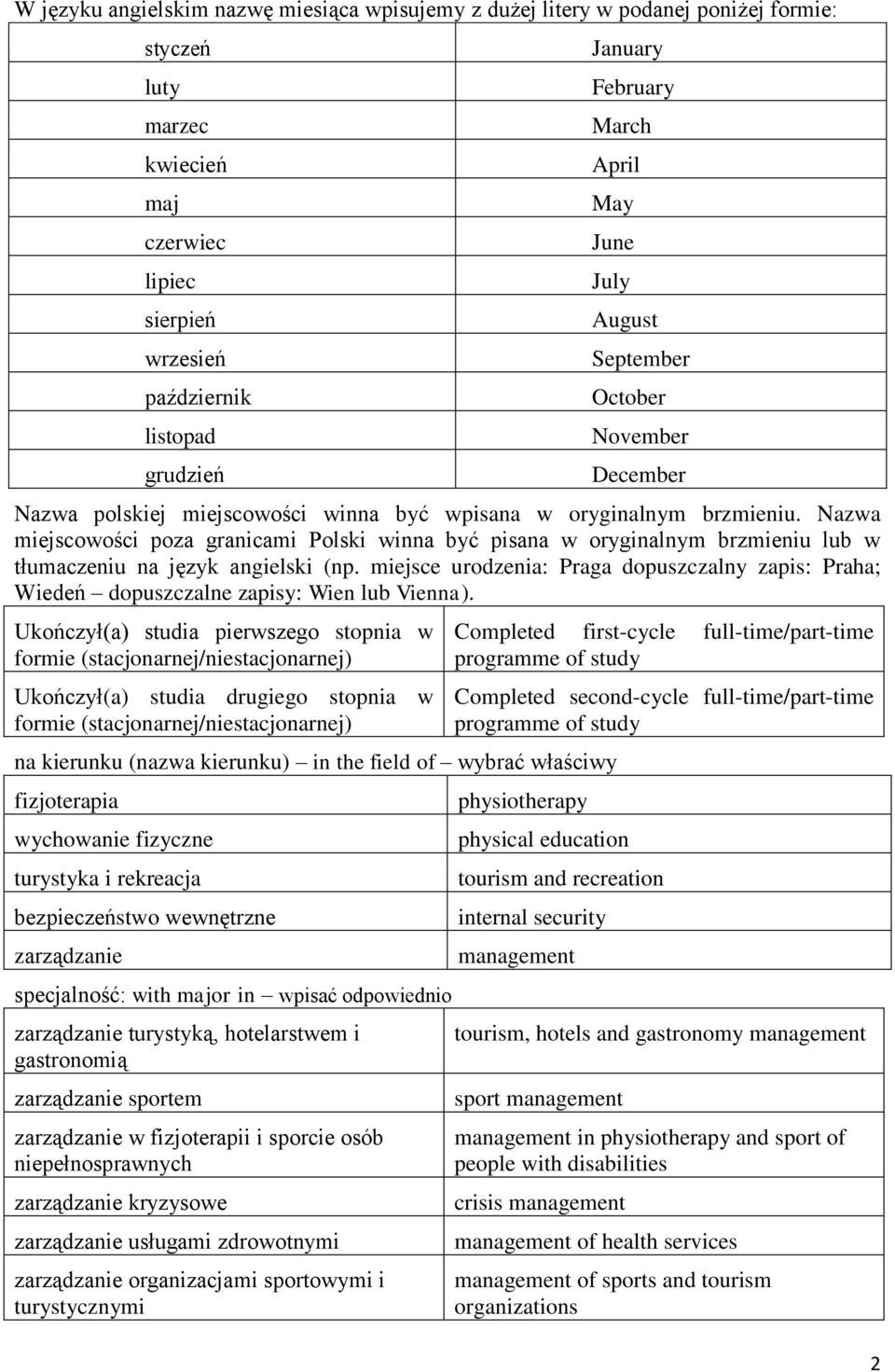 Nazwa miejscowości poza granicami Polski winna być pisana w oryginalnym brzmieniu lub w tłumaczeniu na język angielski (np.