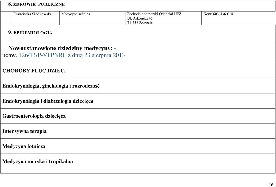 126/13/P-VI PNRL z dnia 23 sierpnia 2013 CHOROBY PŁUC DZIECI Endokrynologia, ginekologia i rozrodczość