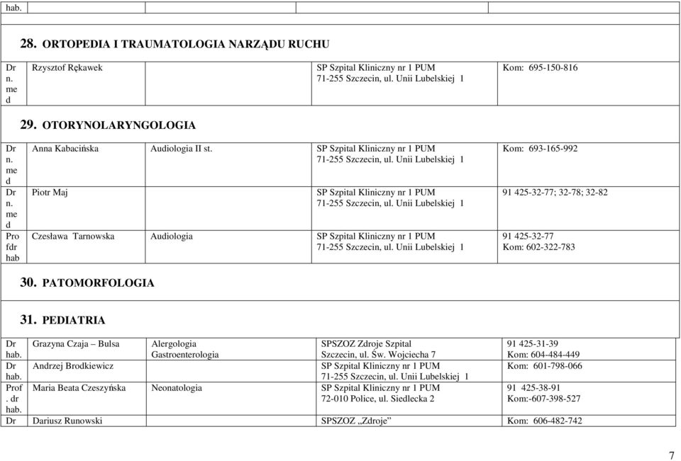 Unii Lubelskiej 1 Piotr Maj SP Szpital Kliniczny nr 1 PUM 71-255 Szczecin, ul. Unii Lubelskiej 1 Czesława Tarnowska Audiologia SP Szpital Kliniczny nr 1 PUM 71-255 Szczecin, ul.