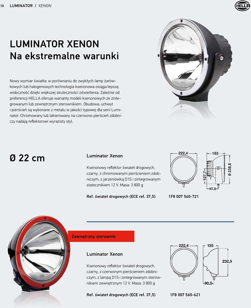 Obudowa, uchwyt i pierścień są wykonane z metalu w jakości typowej dla serii Luminator. Chromowany lub lakierowany na czerwono pierścień zdobniczy nadają reflektorowi wyrazisty styl.