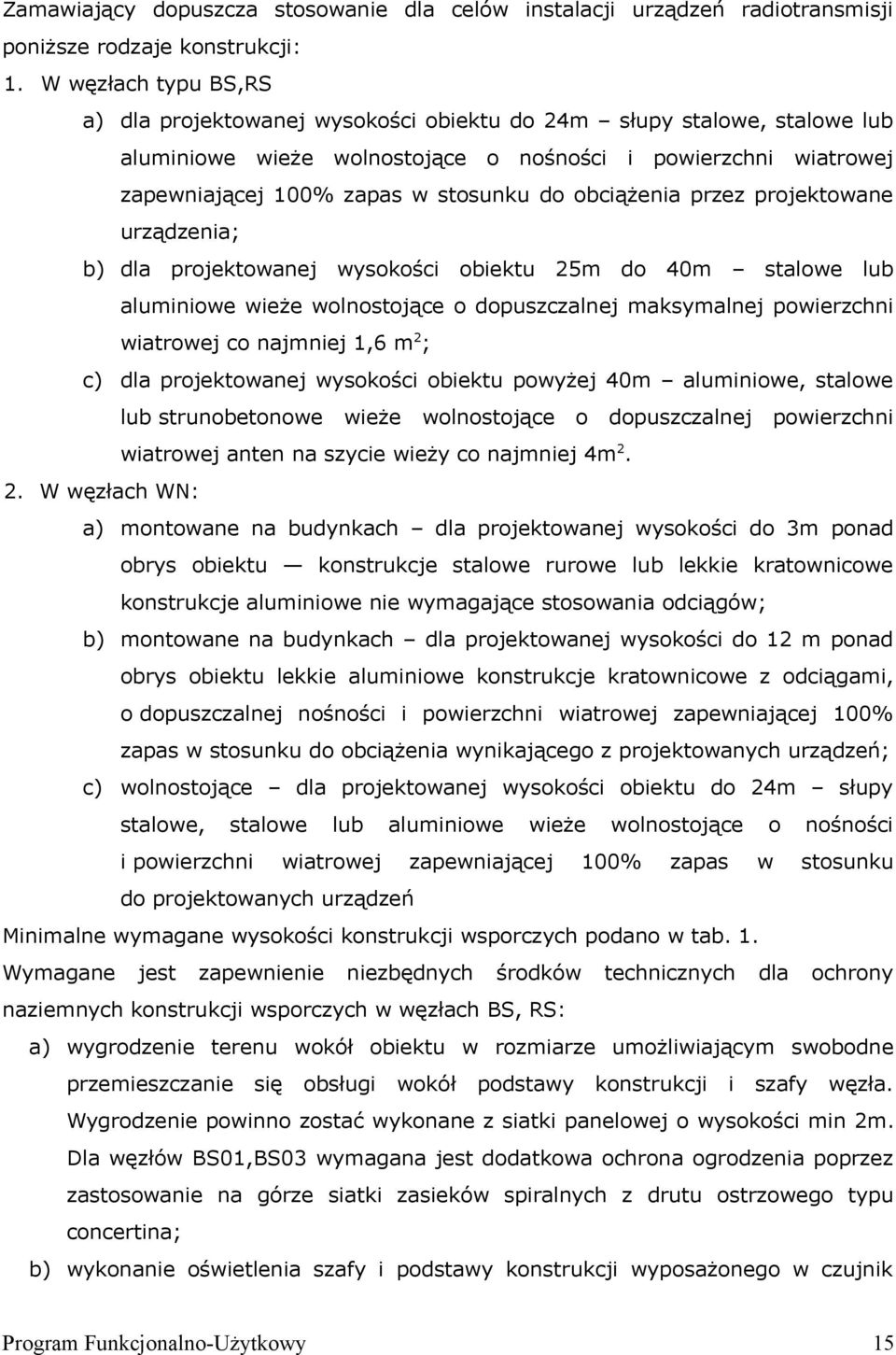 obciążenia przez projektowane urządzenia; b) dla projektowanej wysokości obiektu 25m do 40m stalowe lub aluminiowe wieże wolnostojące o dopuszczalnej maksymalnej powierzchni wiatrowej co najmniej 1,6