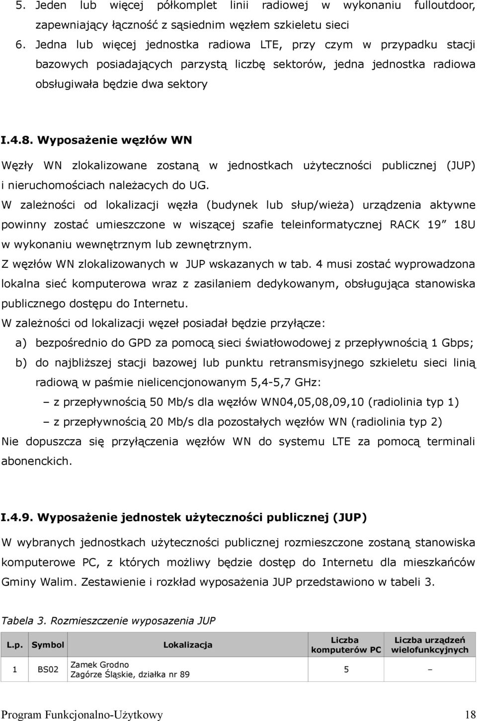 Wyposażenie węzłów WN Węzły WN zlokalizowane zostaną w jednostkach użyteczności publicznej (JUP) i nieruchomościach należacych do UG.