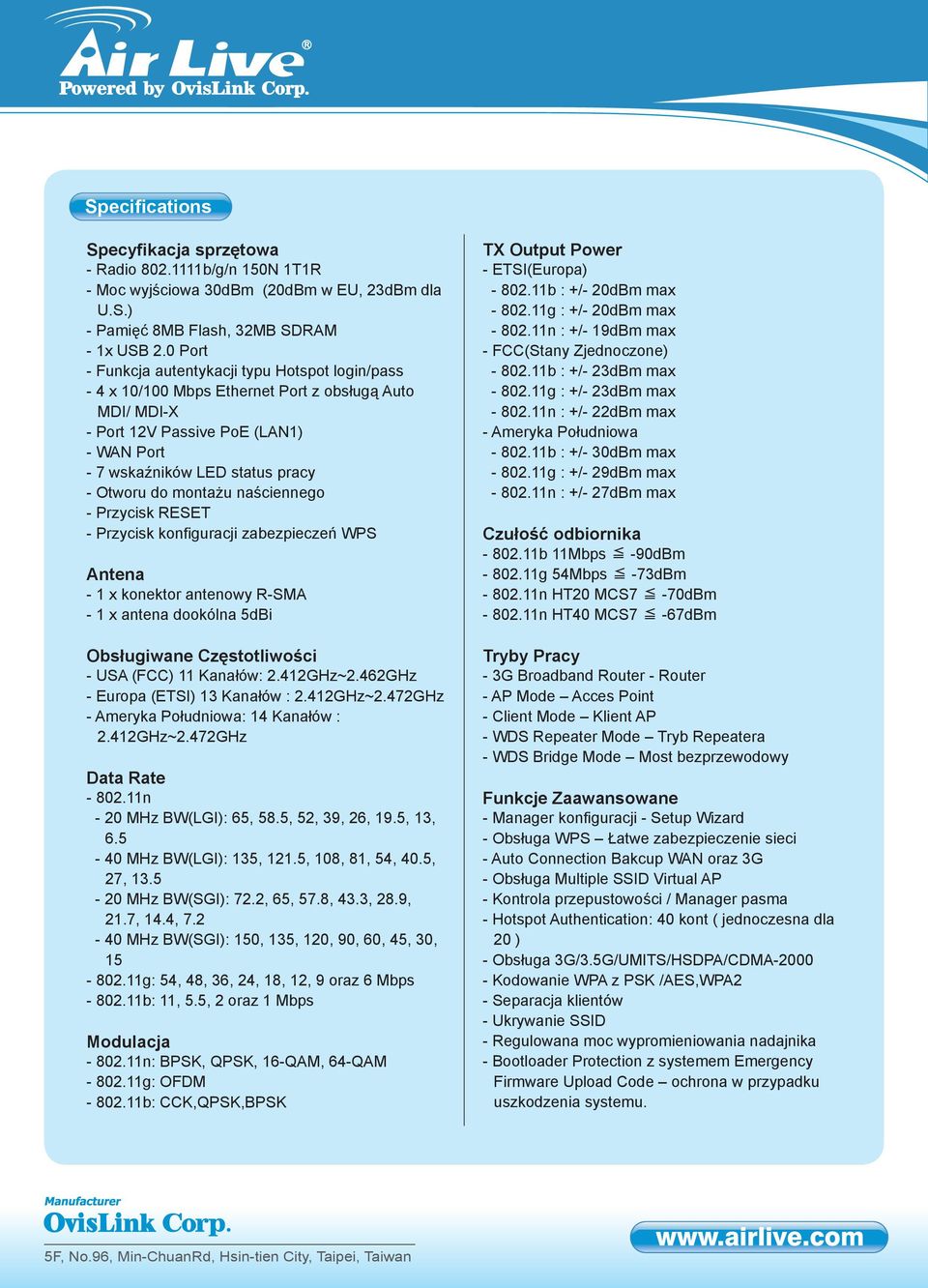 montażu naściennego - Przycisk RESET - Przycisk konfiguracji zabezpieczeń Antena - 1 x konektor antenowy R-SMA - 1 x antena dookólna 5dBi Obsługiwane Częstotliwości - USA (FCC) 11 Kanałów: 2.412GHz~2.