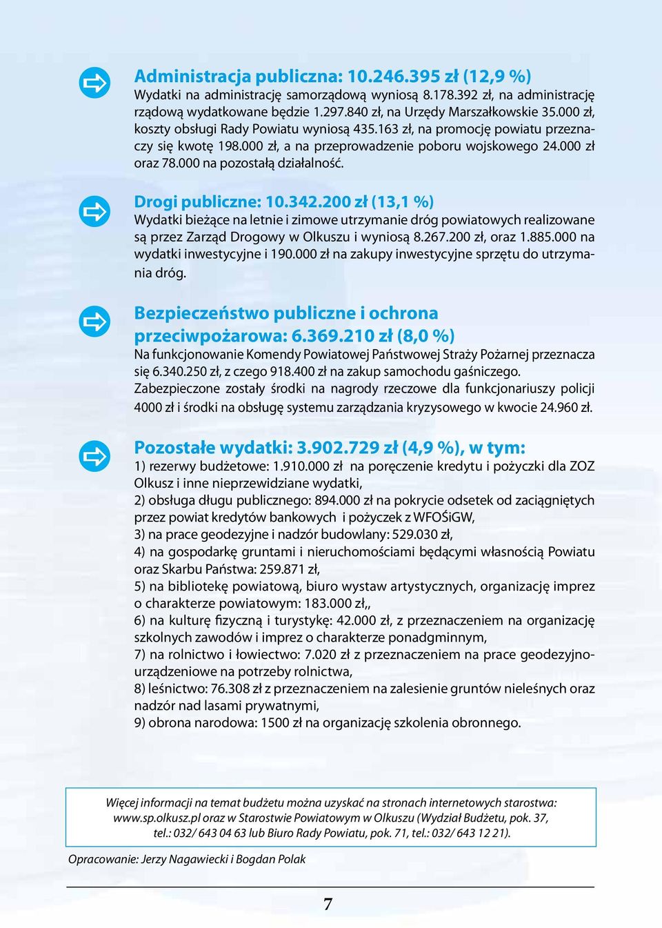 Drogi publiczne: 10.342.200 zł (13,1 %) Wydatki bieżące na letnie i zimowe utrzymanie dróg powiatowych realizowane są przez Zarząd Drogowy w Olkuszu i wyniosą 8.267.200 zł, oraz 1.885.