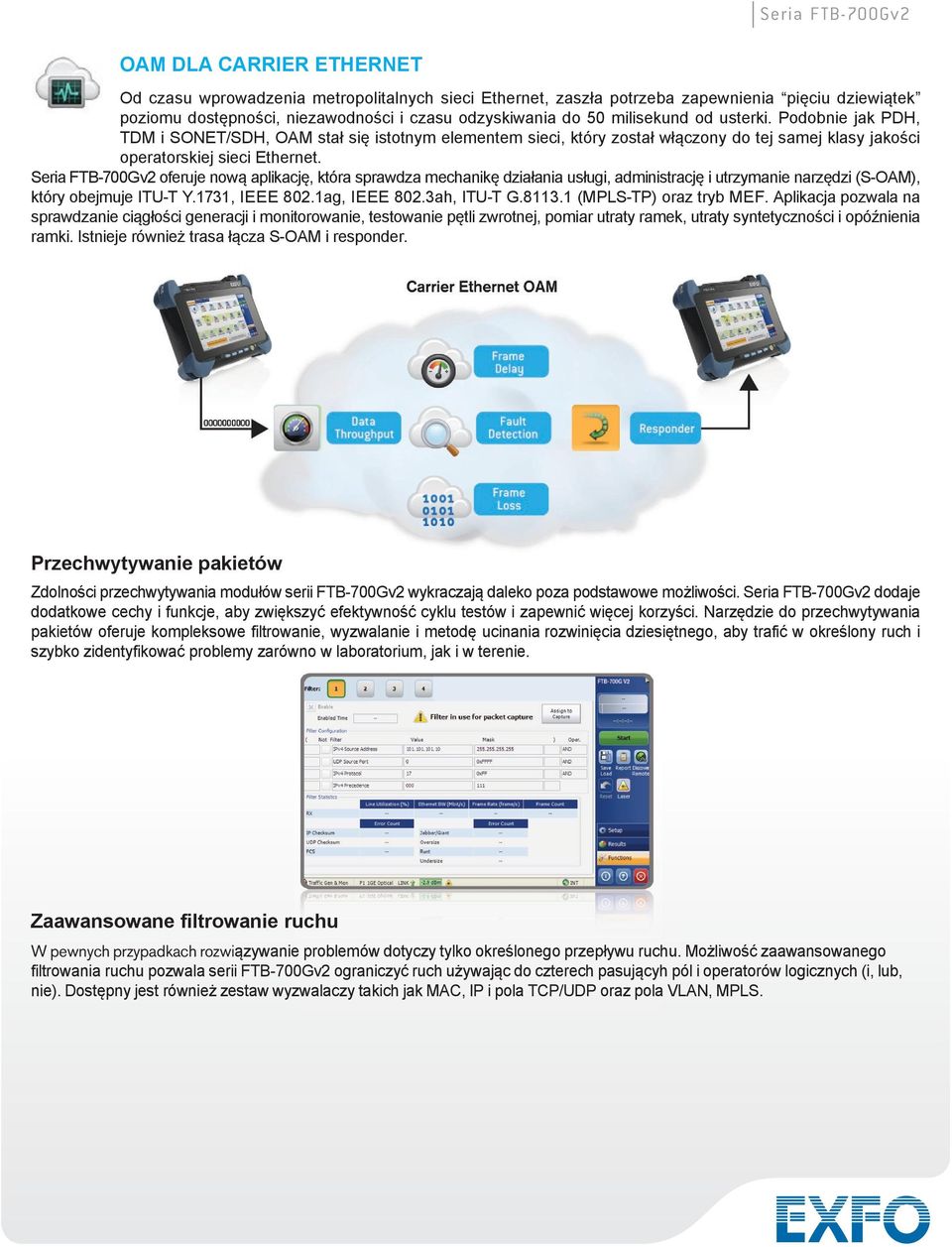 Seria FTB-700Gv2 oferuje nową aplikację, która sprawdza mechanikę działania usługi, administrację i utrzymanie narzędzi (S-OAM), który obejmuje ITU-T Y.1731, IEEE 802.1ag, IEEE 802.3ah, ITU-T G.8113.
