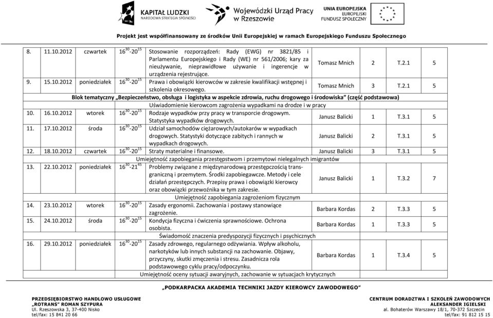 T.2.1 5 urządzenia rejestrujące. 9. 15.10.2012 poniedziałek 16 30-20 15 Prawa i obowiązki kierowców w zakresie kwalifikacji wstępnej i szkolenia okresowego. Tomasz Mnich 3 T.2.1 5 Blok tematyczny Bezpieczeństwo, obsługa i logistyka w aspekcie zdrowia, ruchu drogowego i środowiska (część podstawowa) Uświadomienie kierowcom zagrożenia wypadkami na drodze i w pracy 10.