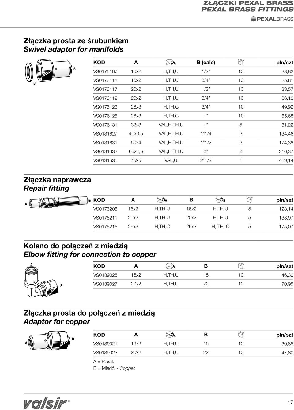 134,46 VS0131631 50x4 VL,H,TH,U 1 1/2 2 174,38 VS0131633 63x4,5 VL,H,TH,U 2 2 310,37 VS0131635 75x5 VL,U 2 1/2 1 469,14 Złączka naprawcza Repair fitting KOD pln/szt VS0176205 16x2 H,TH,U 16x2 H,TH,U