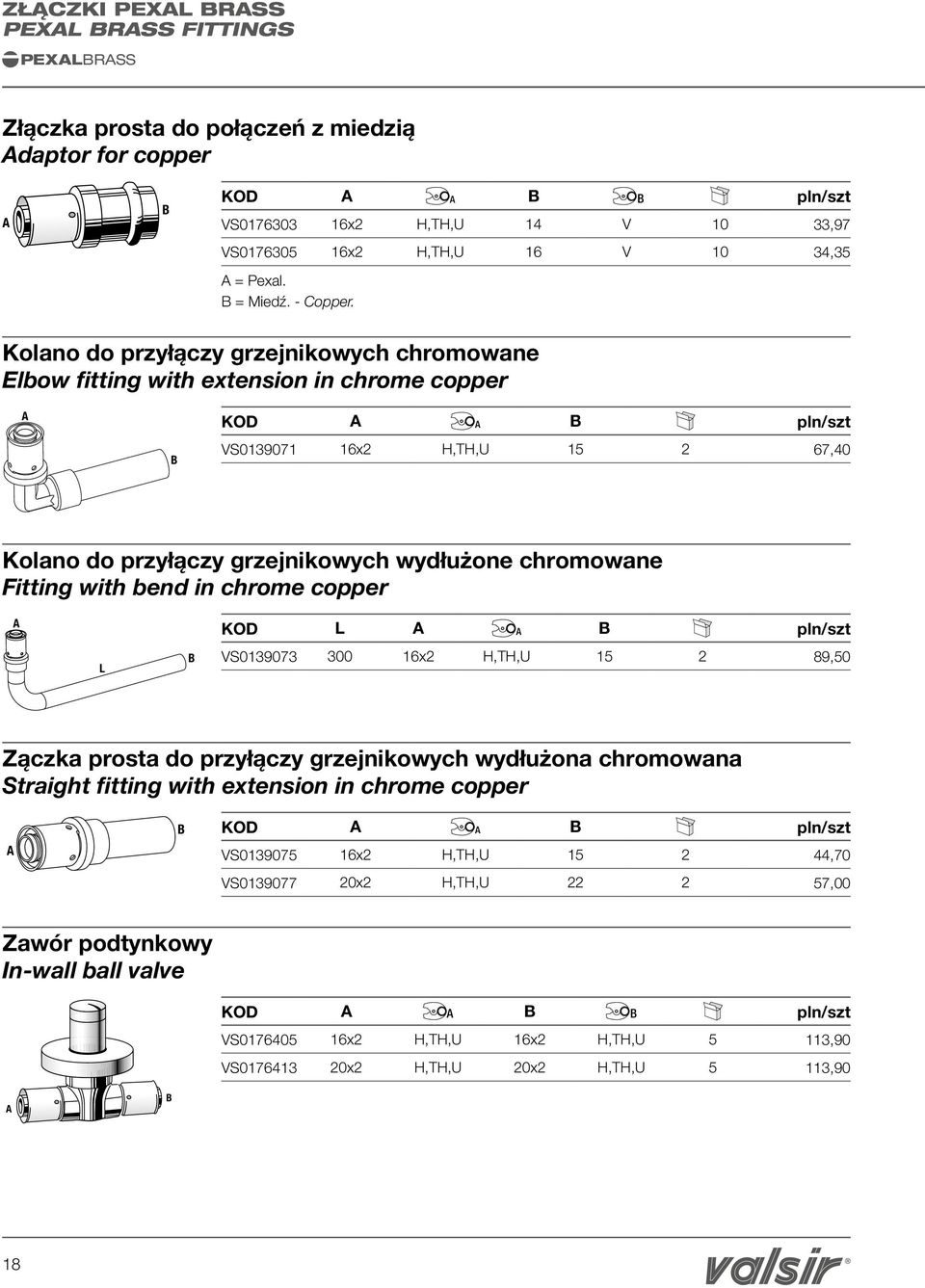 Kolano do przyłączy grzejnikowych chromowane Elbow fitting with extension in chrome copper KOD pln/szt VS0139071 16x2 H,TH,U 15 2 67,40 Kolano do przyłączy grzejnikowych wydłużone chromowane Fitting