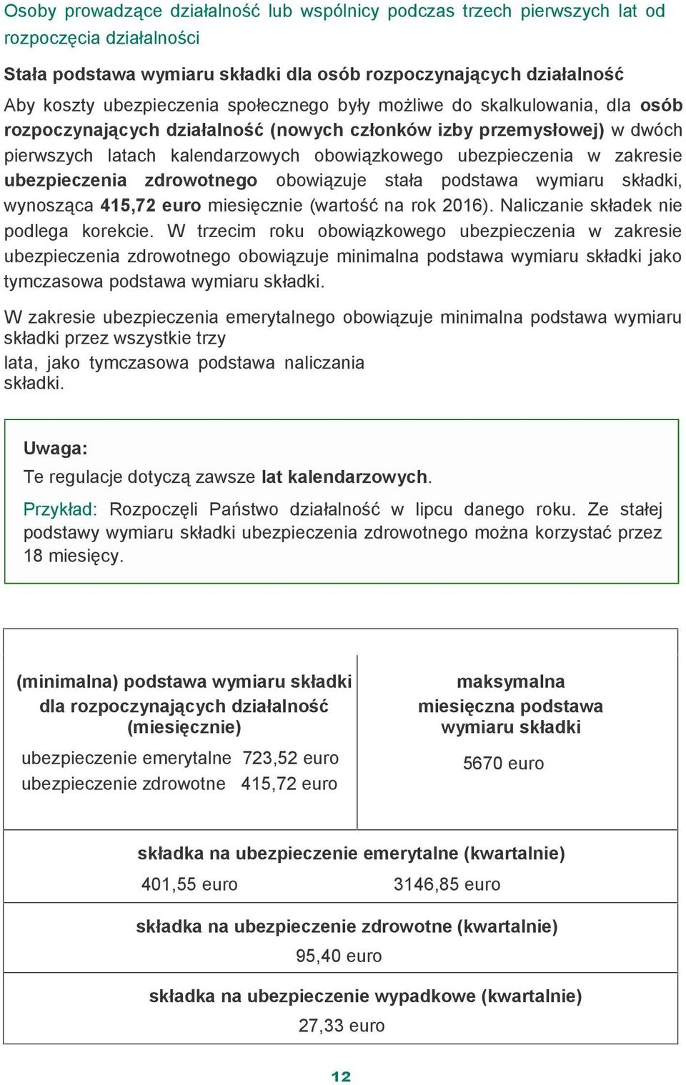 ubezpieczenia zdrowotnego obowiązuje stała podstawa wymiaru składki, wynosząca 415,72 euro miesięcznie (wartość na rok 2016). Naliczanie składek nie podlega korekcie.