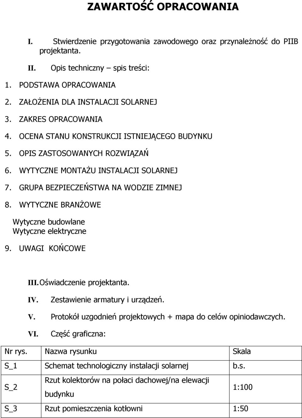 WYTYCZNE BRANŻOWE Wytyczne budowlane Wytyczne elektryczne 9. UWAGI KOŃCOWE III. Oświadczenie projektanta. IV. Zestawienie armatury i urządzeń. V.