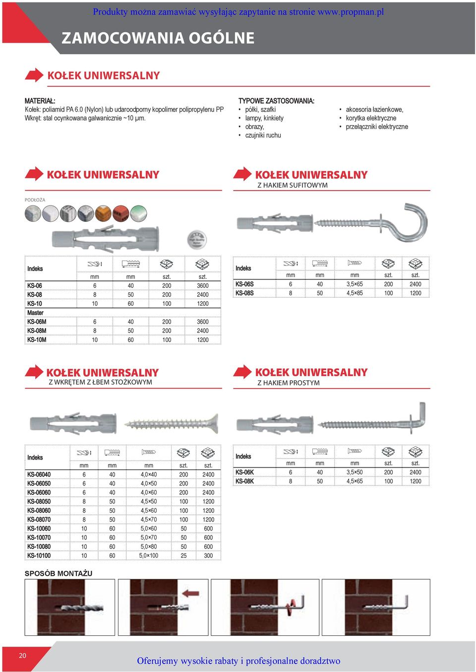 PoDłoża mm mm szt. szt. KS-06 6 40 200 3600 KS-08 8 50 200 2400 KS-10 10 60 100 1200 Master KS-06M 6 40 200 3600 KS-08M 8 50 200 2400 KS-10M 10 60 100 1200 mm mm mm szt. szt. KS-06S 6 40 3,5 65 200 2400 KS-08S 8 50 4,5 85 100 1200 KOŁEK UNIWERSALNY z WkręteM z łbem StożkoWyM KOŁEK UNIWERSALNY z hakiem ProStyM mm mm mm szt.