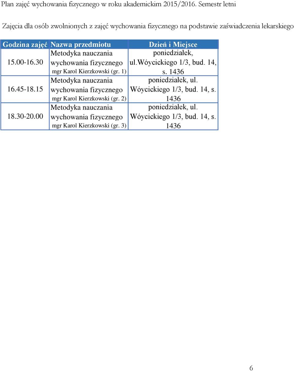 1) Metodyka nauczania wychowania fizycznego mgr Karol Kierzkowski (gr.