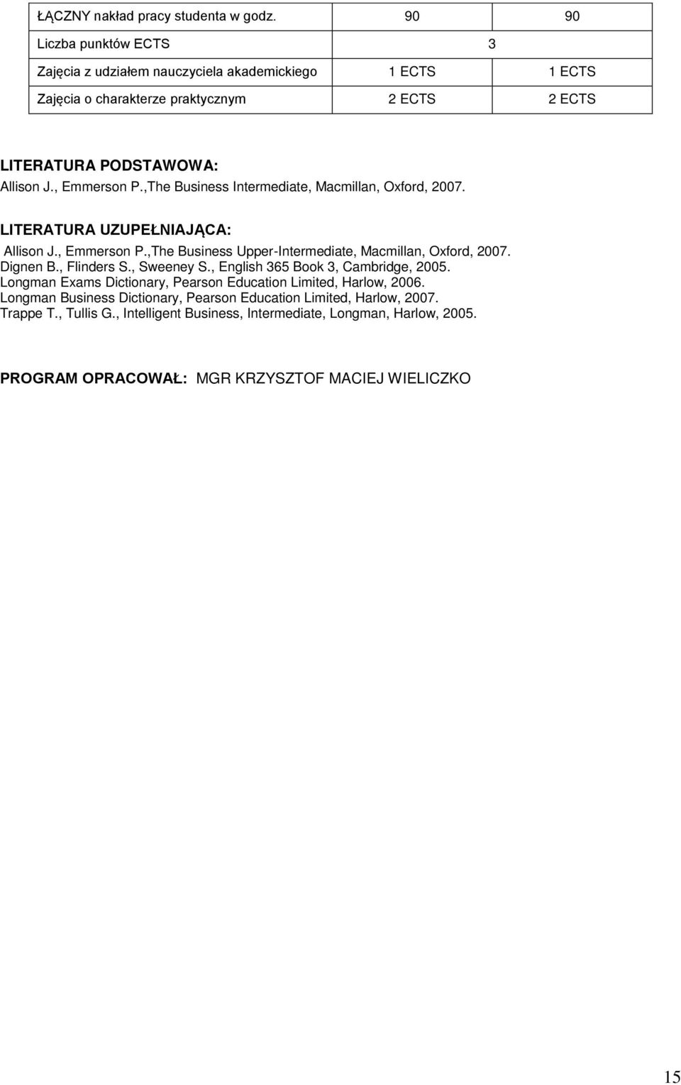 ,The Business Intermediate, Macmillan, Oxford, 2007. LITERATURA UZUPEŁNIAJĄCA: Allison J., Emmerson P.,The Business Upper-Intermediate, Macmillan, Oxford, 2007. Dignen B.