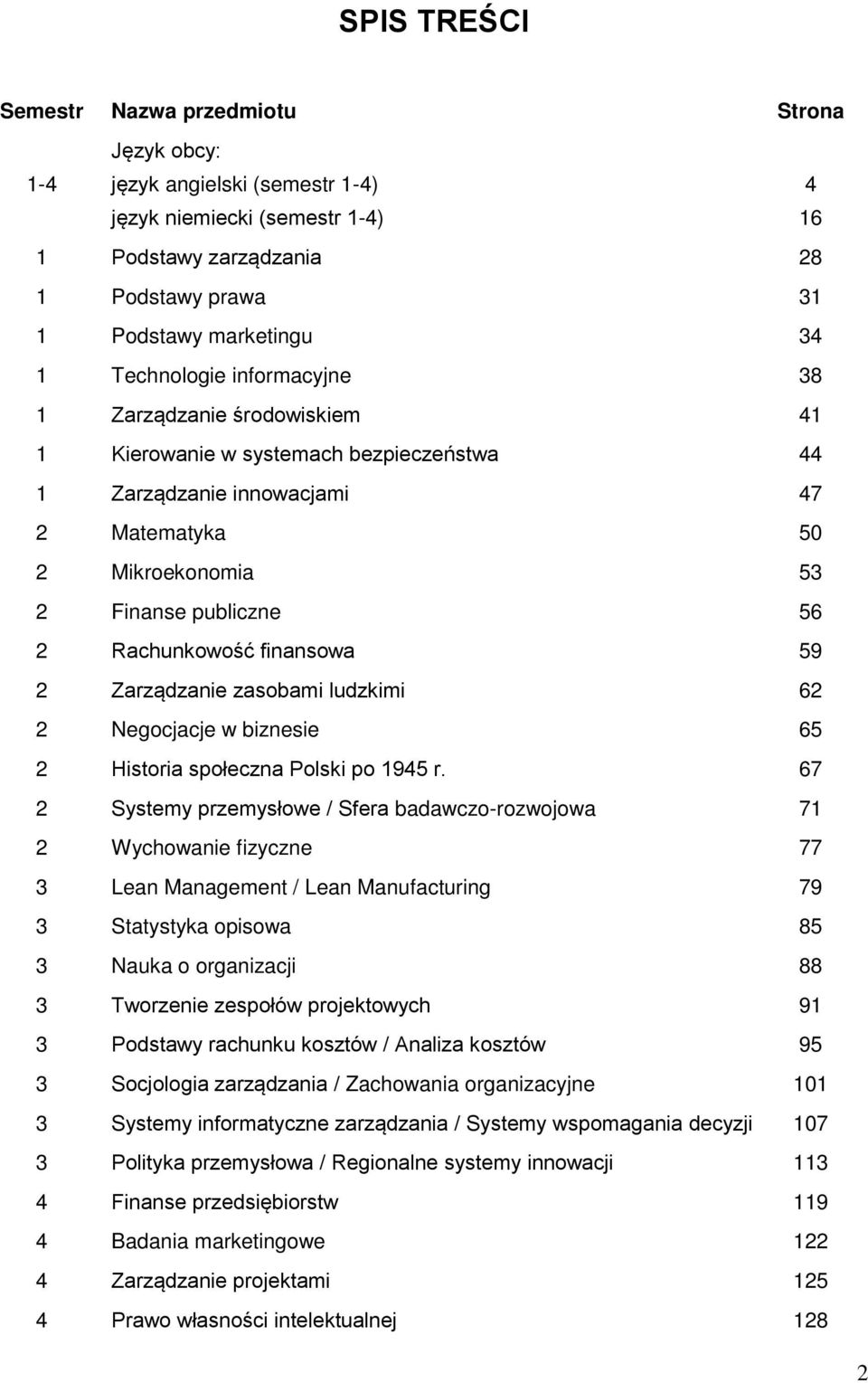 Rachunkowość finansowa 59 2 Zarządzanie zasobami ludzkimi 62 2 Negocjacje w biznesie 65 2 Historia społeczna Polski po 1945 r.