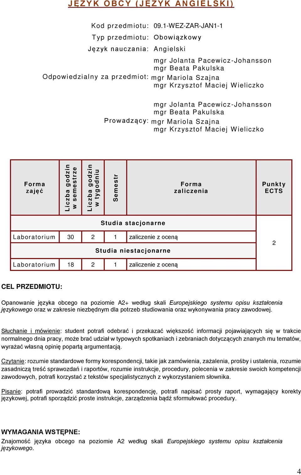 ieliczko Prowadząc y: mgr Jolanta Pacewicz-Johansson mgr Beata Pakulska mgr Mariola Szajna mgr Krzys ztof Maciej W ieliczko zajęć w semestrze w tygodniu Semestr zaliczenia Punkt y ECTS Studia