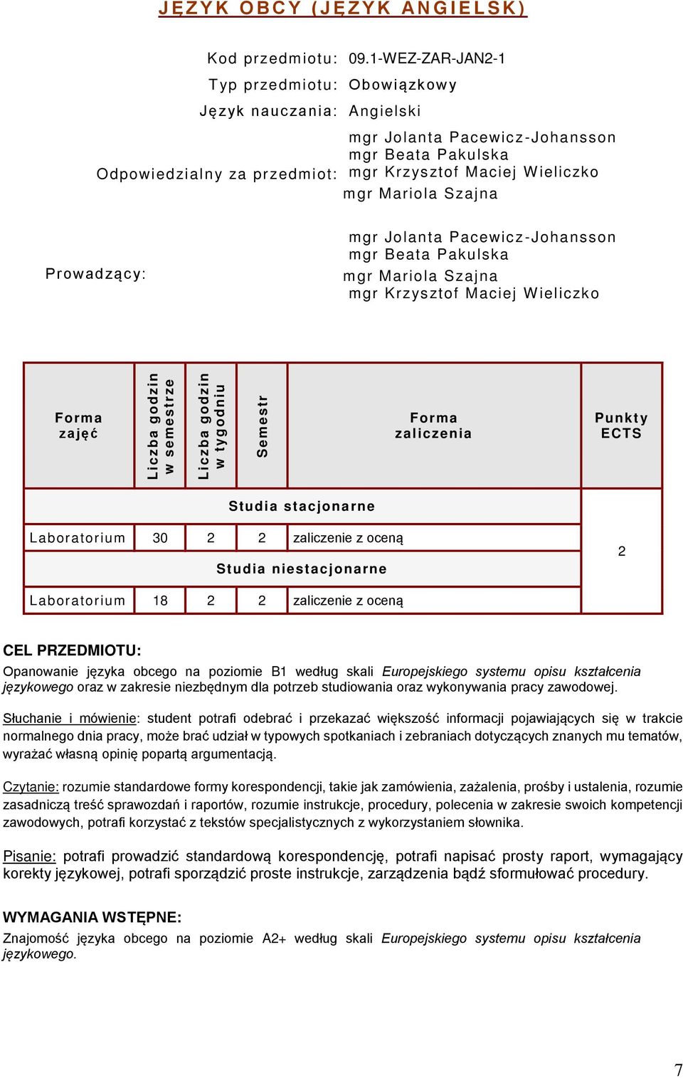 Szajna Prowadząc y: mgr Jolanta Pacewicz-Johansson mgr Beata Pakulska mgr Mariola Szajna mgr Krzys ztof Maciej W ieliczko zajęć w semestrze w tygodniu Semestr zaliczenia Punkt y ECTS Studia