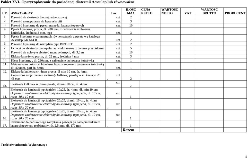 Pęseta bipolarna o parametrach równoważnych z pęsetą wg katalogu Aesculap GK 644 R. 2 6. Przewód bipolarny do narzędzia typu BIPOJET. 2 7.