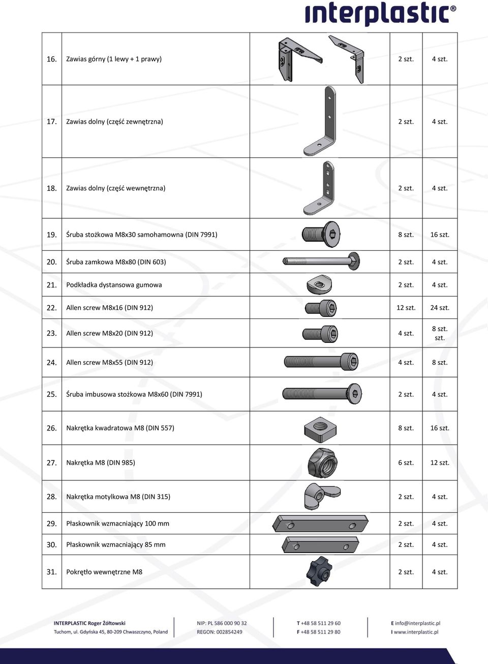 24 szt. 23. Allen screw M8x20 (DIN 912) 4 szt. 8 szt. szt. 24. Allen screw M8x55 (DIN 912) 4 szt. 8 szt. 25. Śruba imbusowa stożkowa M8x60 (DIN 7991) 2 szt. 4 szt. 26.