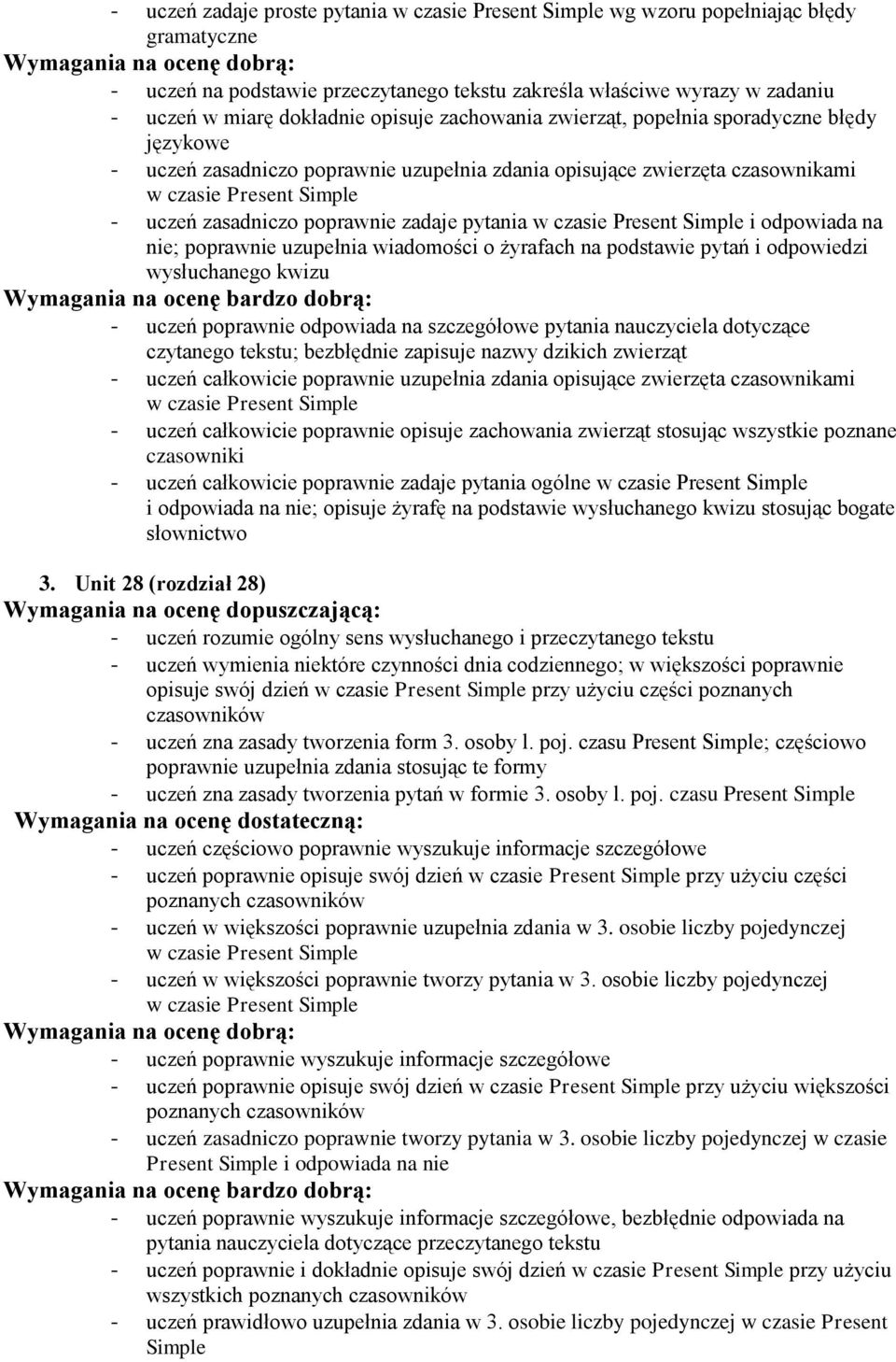 zadaje pytania w czasie Present Simple i odpowiada na nie; poprawnie uzupełnia wiadomości o żyrafach na podstawie pytań i odpowiedzi wysłuchanego kwizu - uczeń poprawnie odpowiada na szczegółowe