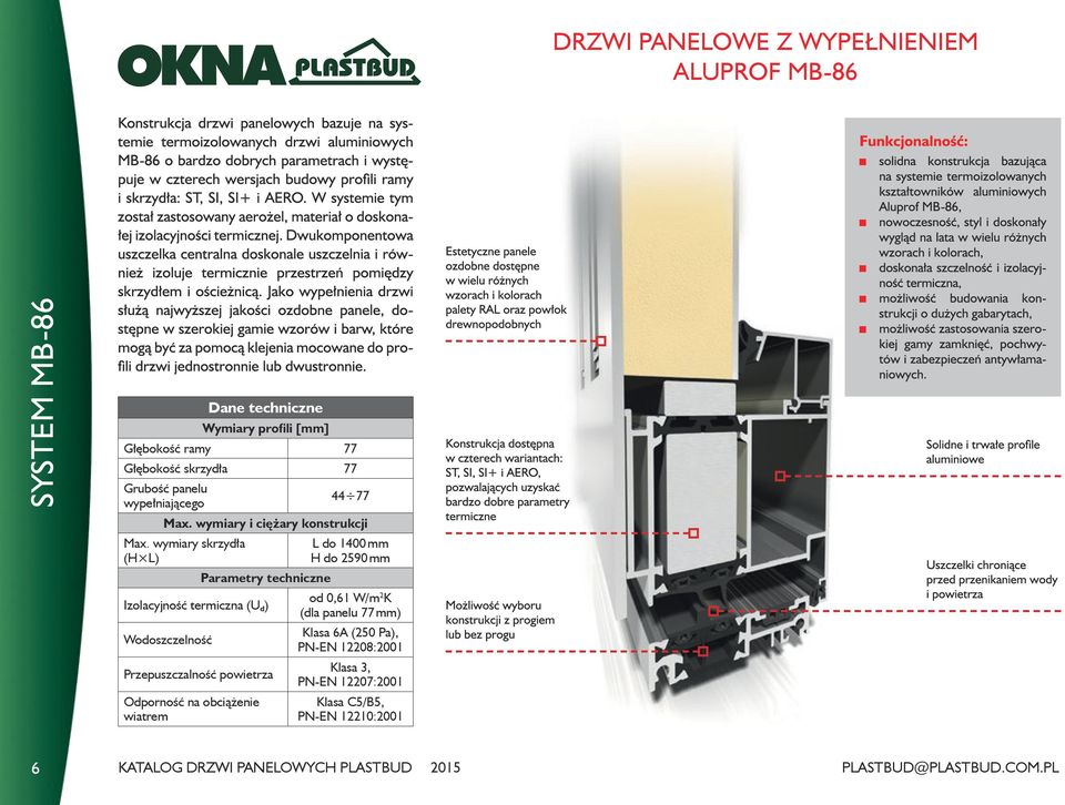 wymiary skrzydła (H L) L do 1400 mm H do 2590 mm Parametry techniczne Izolacyjność termiczna (U d ) od 0,61 W/m 2 K (dla panelu 77 mm)