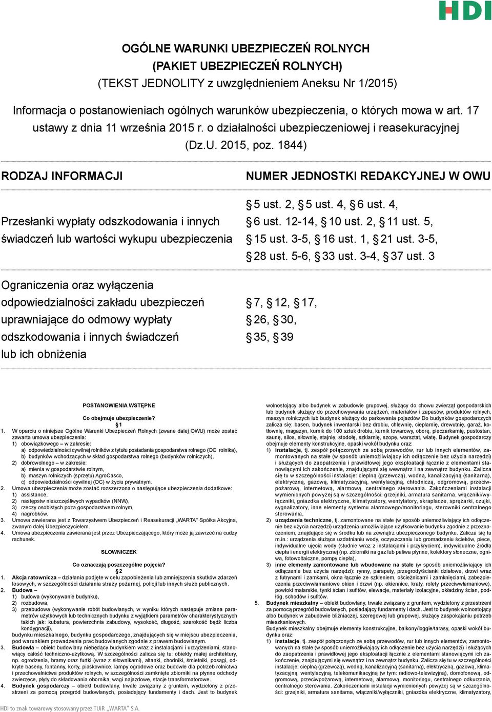 1844) Rodzaj informacji Przesłanki wypłaty odszkodowania i innych świadczeń lub wartości wykupu ubezpieczenia Ograniczenia oraz wyłączenia odpowiedzialności zakładu ubezpieczeń uprawniające do odmowy