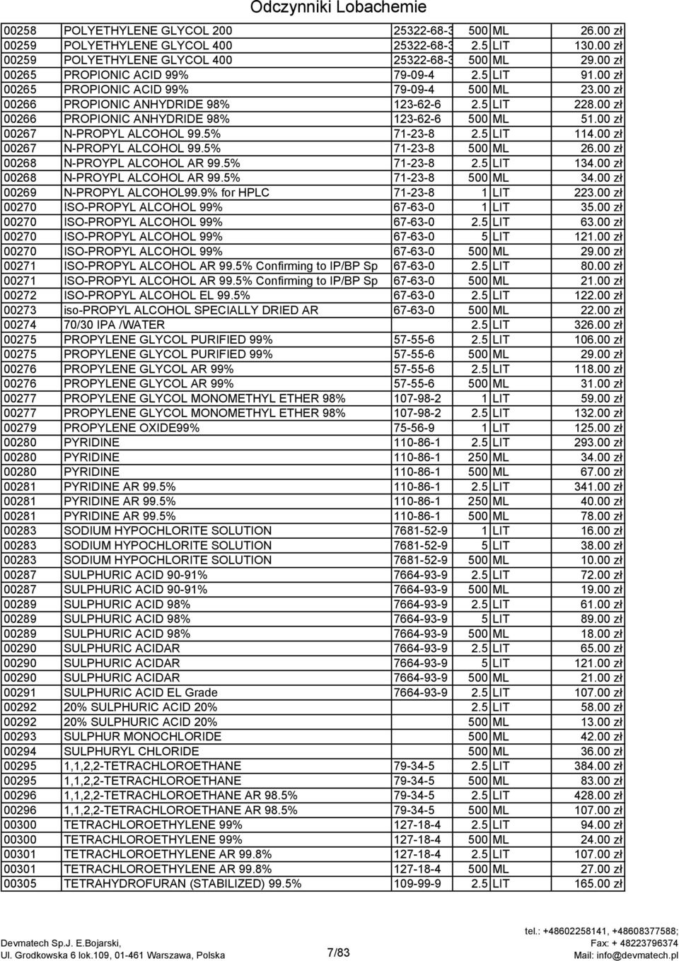 00 zł 00266 PROPIONIC ANHYDRIDE 98% 123-62-6 500 ML 51.00 zł 00267 N-PROPYL ALCOHOL 99.5% 71-23-8 2.5 LIT 114.00 zł 00267 N-PROPYL ALCOHOL 99.5% 71-23-8 500 ML 26.00 zł 00268 N-PROYPL ALCOHOL AR 99.