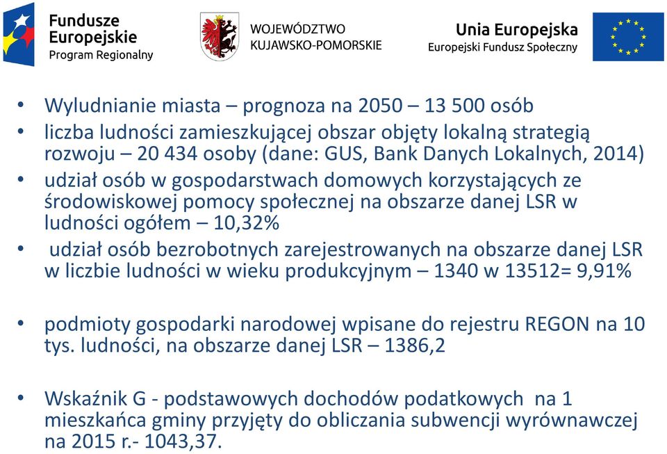 zarejestrowanych na obszarze danej LSR w liczbie ludności w wieku produkcyjnym 1340 w 13512= 9,91% podmioty gospodarki narodowej wpisane do rejestru REGON na 10 tys.