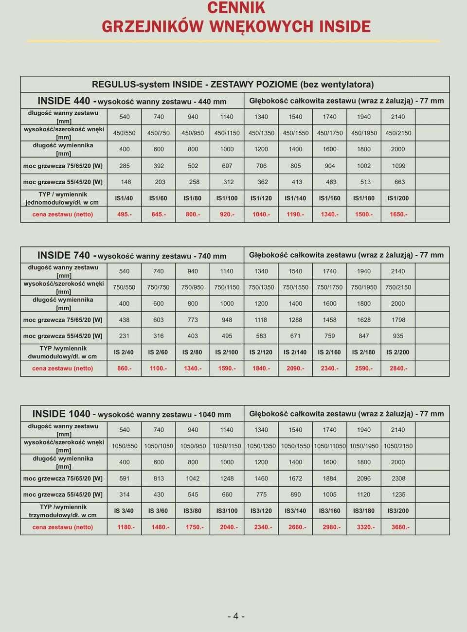 w cm IS1/40 IS1/60 IS1/80 IS1/100 IS1/120 IS1/140 IS1/160 IS1/180 IS1/200 cena zestawu (netto) 495.- 645.- 800.- 920.- 1040.- 1190.- 1340.- 1500.- 1650.
