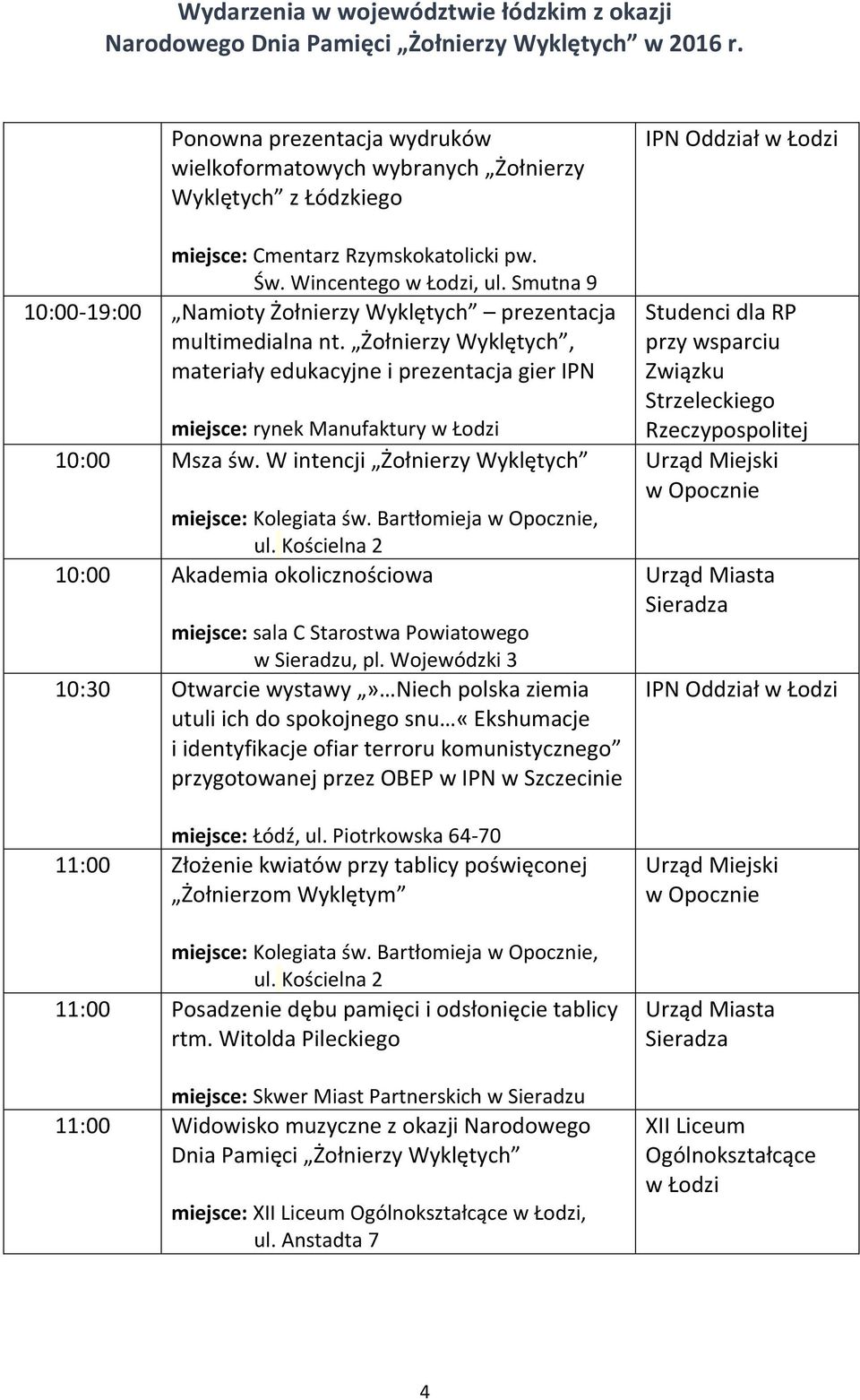 W intencji Żołnierzy miejsce: Kolegiata św. Bartłomieja w Opocznie, ul. Kościelna 2 10:00 Akademia okolicznościowa miejsce: sala C Starostwa Powiatowego w Sieradzu, pl.