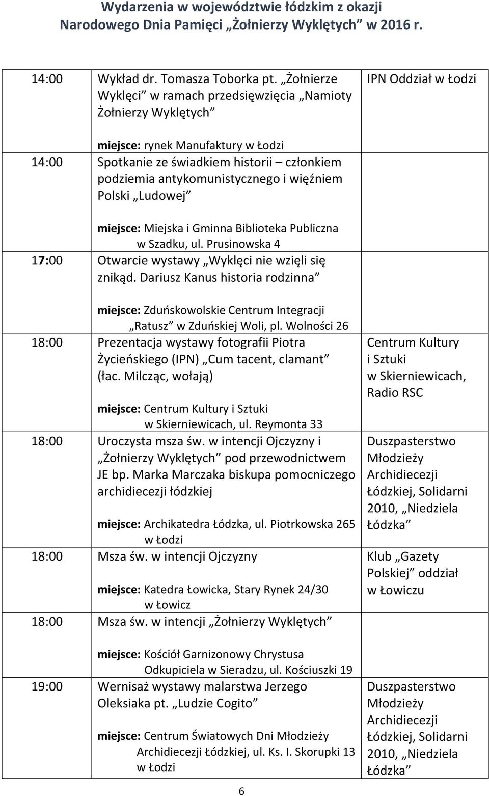 miejsce: Miejska i Gminna Biblioteka Publiczna w Szadku, ul. Prusinowska 4 17:00 Otwarcie wystawy Wyklęci nie wzięli się znikąd.